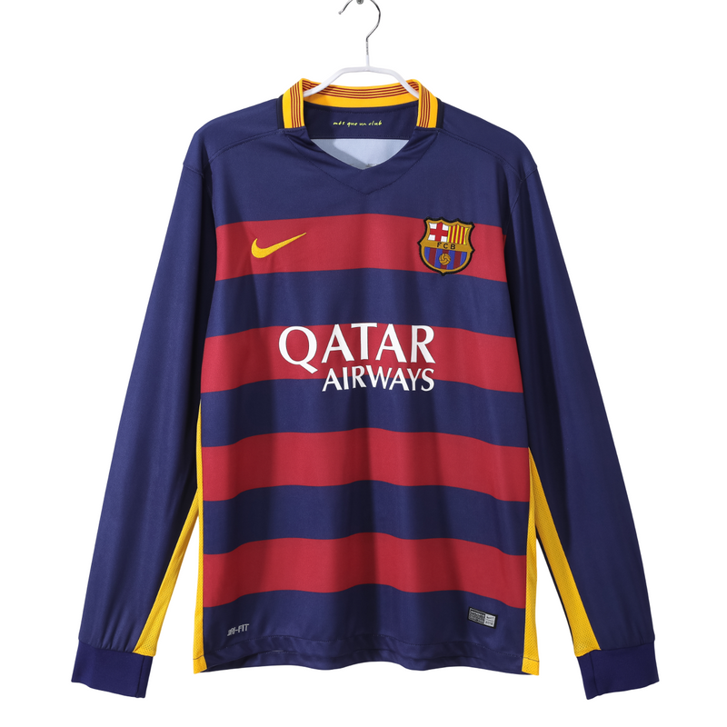 Camisa Barcelona Home Retro 15/16 Manga Longa - Vermelha e Azul